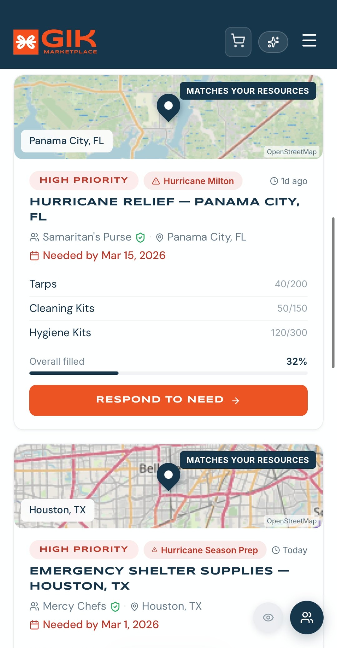 GIK — Browse Needs on Mobile showing urgency stats, interactive map, and filter options