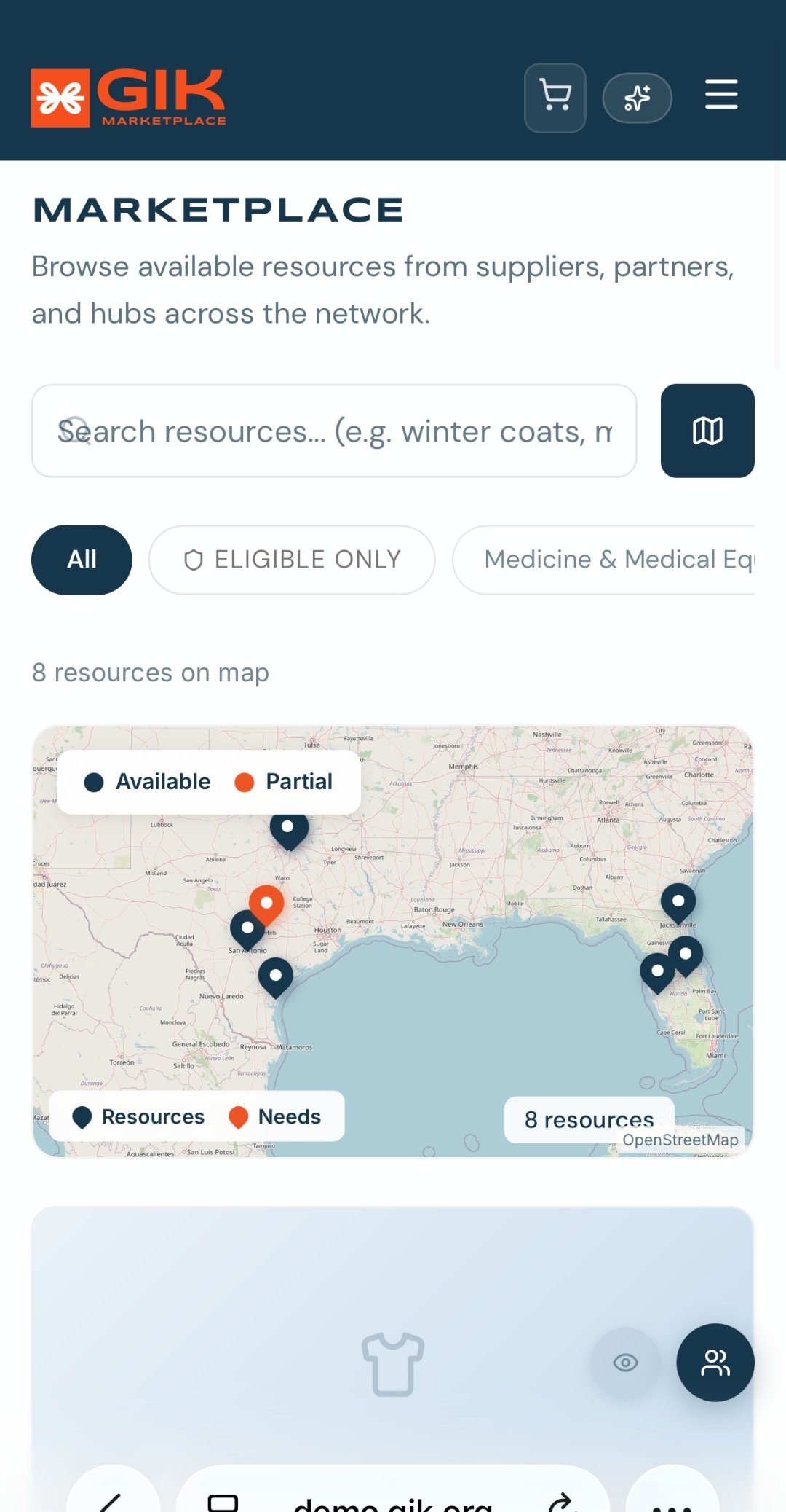 GIK — Marketplace on Mobile showing available resources, search, and interactive map