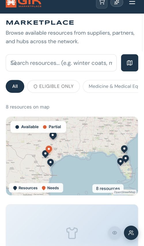 GIK — Marketplace on Mobile showing available resources, search, and interactive map